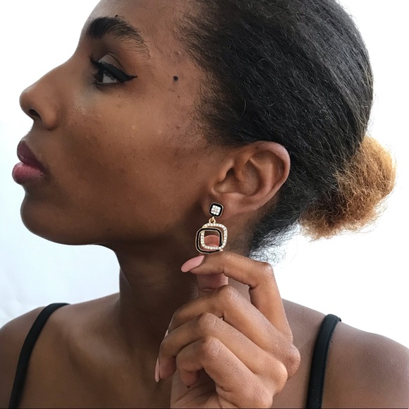 Gold-Tone Black Enamel Glass Stone Drop Earrings - Picture 10 of 13